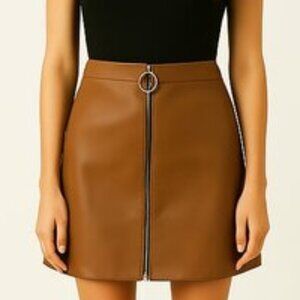 Coco & Yves mod tan faux leather zipper front mini skirt Size Small